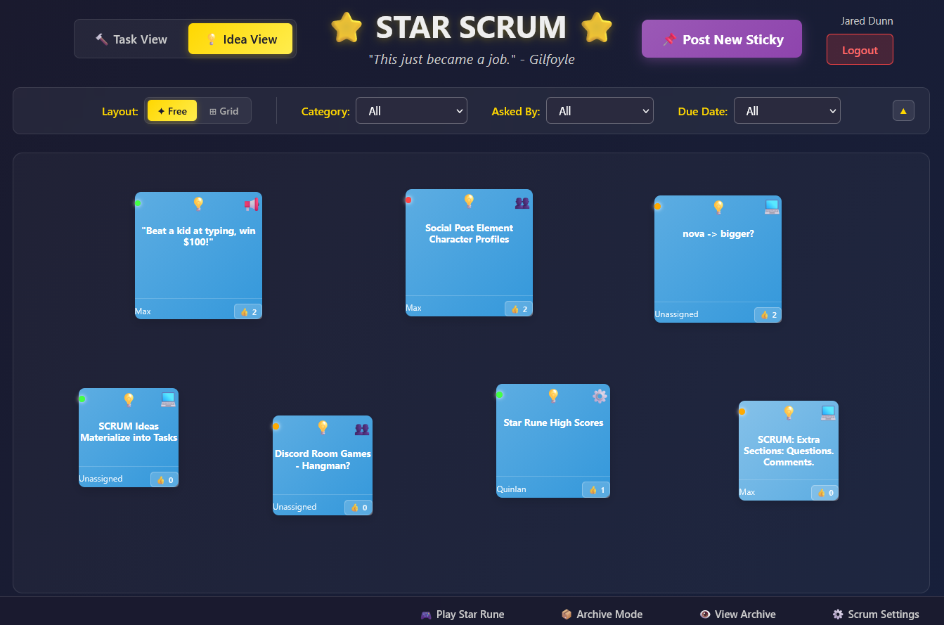 Star Scrum Idea Board free layout with upvoting