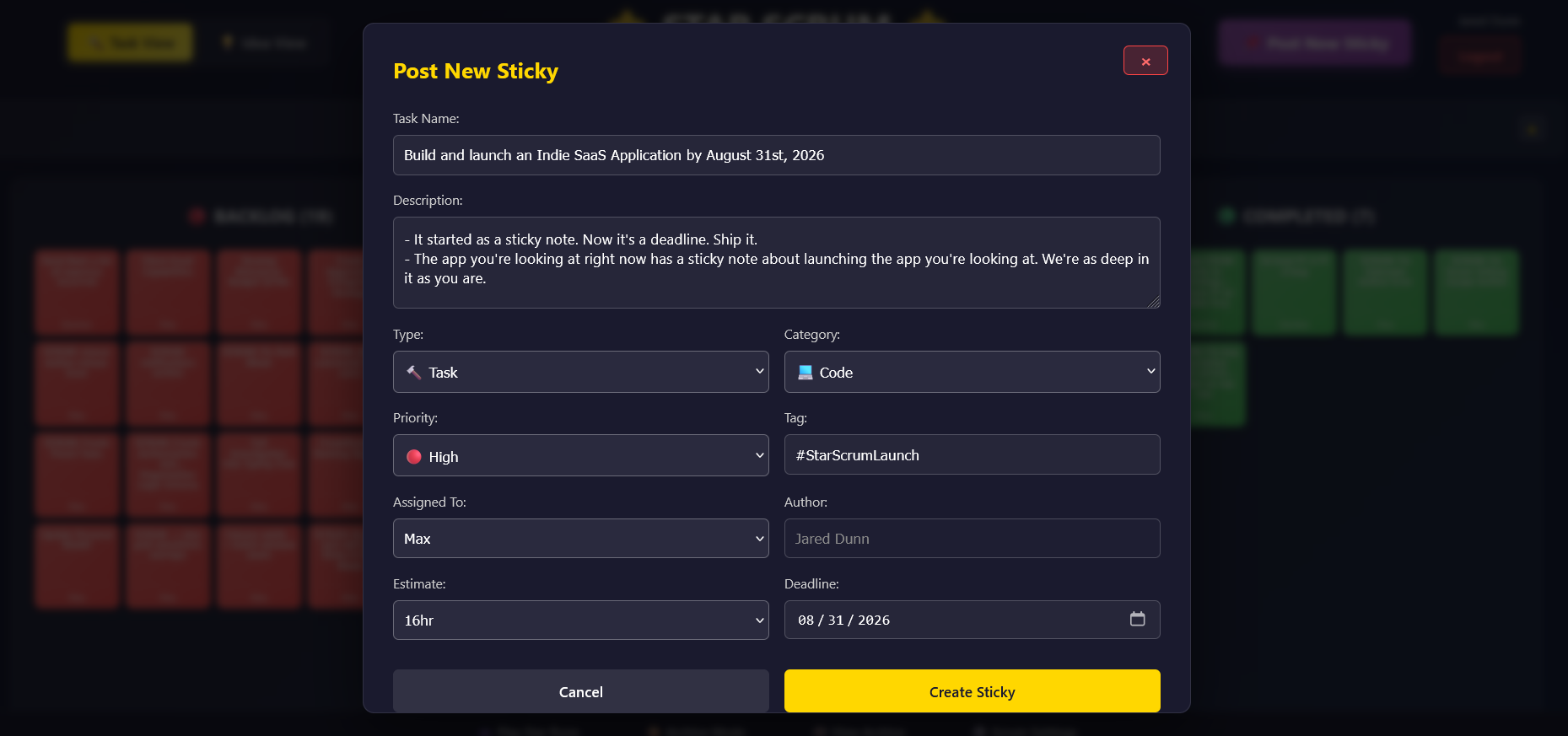Star Scrum Post New Sticky modal