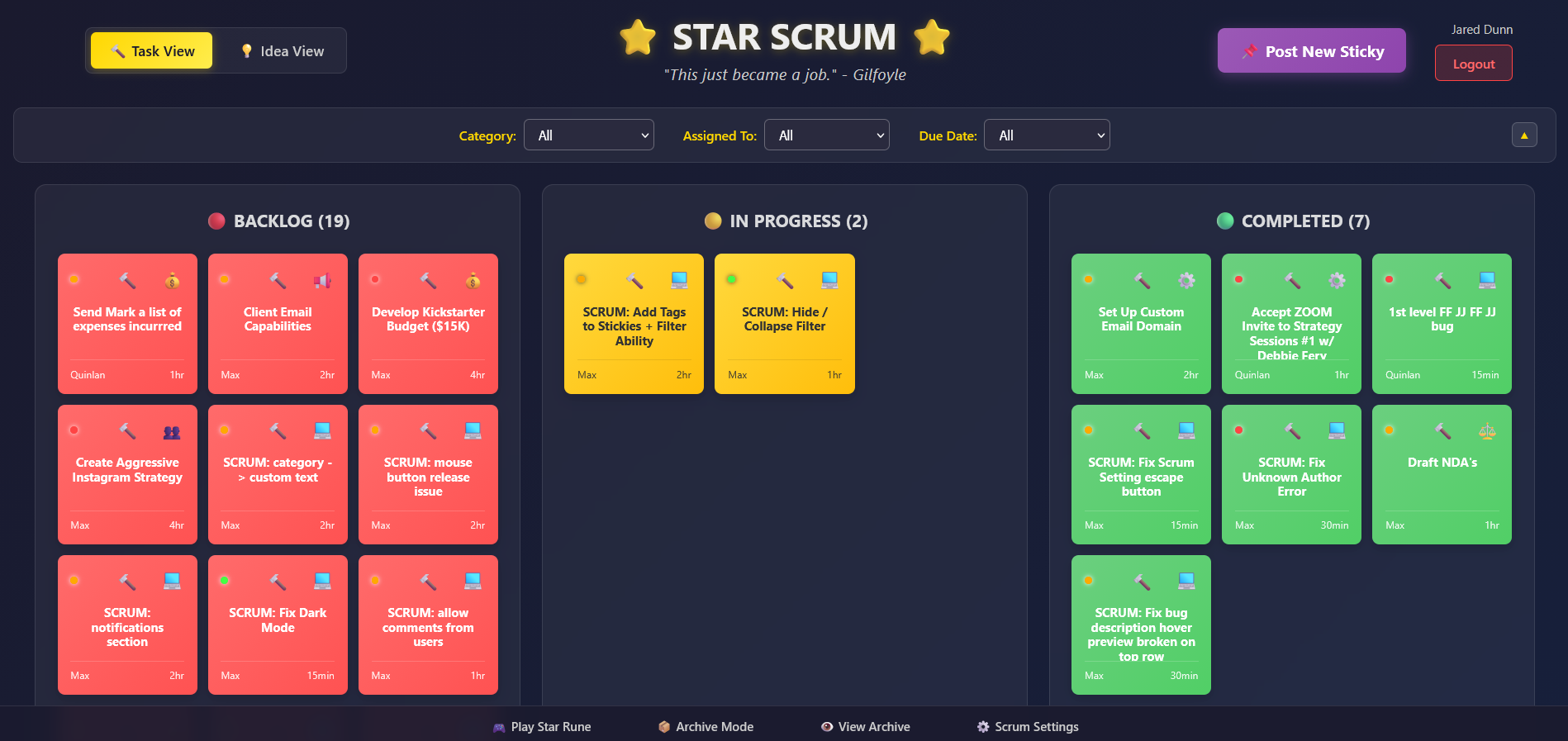 Star Scrum Task Board standard view